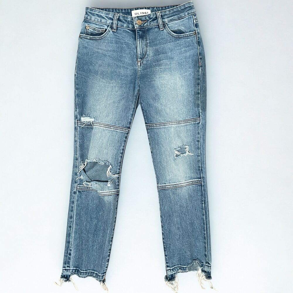 DL1961 Mara Distressed Skinny Jeans Light Wash Raw Hem Stretch Denim
